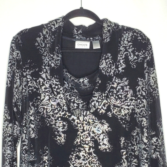 Chico's Travelers Cowl Neck Top Size 2 / US L Stretch Foil Print Slinky Pullover - Picture 2 of 10